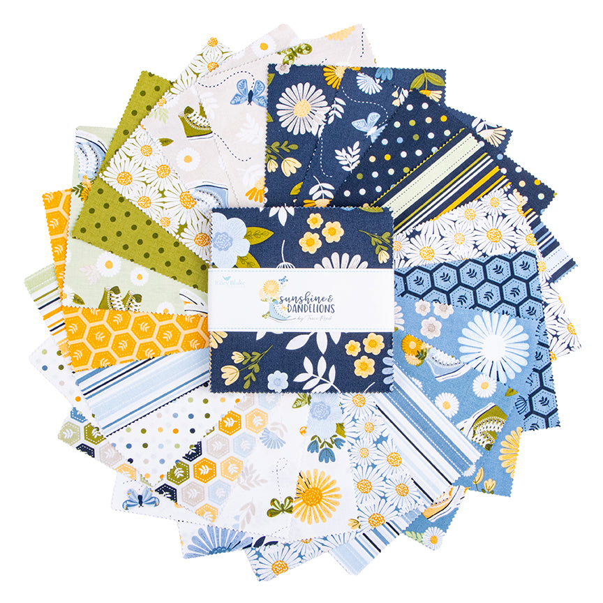 Sunshine & Dandelions fabric collection by Traci Reed for Riley Blake Designs featuring coordinating floral, hexagon, stripe and botanical quilting cotton prints