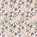 Juju's Petals Floral Cream quilting cotton by Judi Madsen for Riley Blake Designs featuring colorful purple, pink, teal, and coral flowers, butterflies, and olive green leaves on a cream background.
