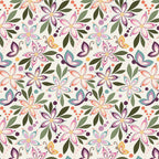 Juju's Petals Floral Cream quilting cotton by Judi Madsen for Riley Blake Designs featuring colorful purple, pink, teal, and coral flowers, butterflies, and olive green leaves on a cream background.