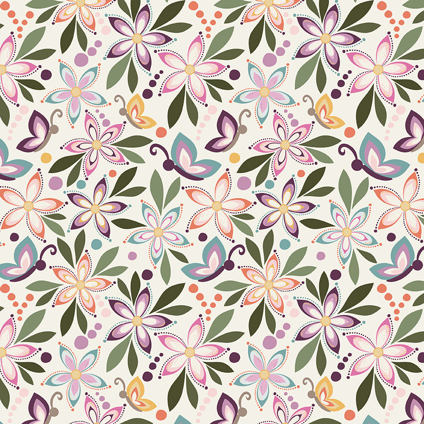 Juju's Petals Floral Cream quilting cotton by Judi Madsen for Riley Blake Designs featuring colorful purple, pink, teal, and coral flowers, butterflies, and olive green leaves on a cream background.