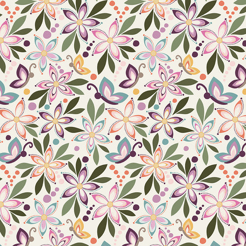 Juju's Petals Floral Cream quilting cotton by Judi Madsen for Riley Blake Designs featuring colorful purple, pink, teal, and coral flowers, butterflies, and olive green leaves on a cream background.
