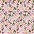 Juju's Petals Floral Pink quilting cotton by Judi Madsen for Riley Blake Designs featuring purple, lilac, teal, and coral flowers, butterflies, and olive green leaves on blush pink.