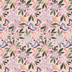 Juju's Petals Floral Pink quilting cotton by Judi Madsen for Riley Blake Designs featuring purple, lilac, teal, and coral flowers, butterflies, and olive green leaves on blush pink.