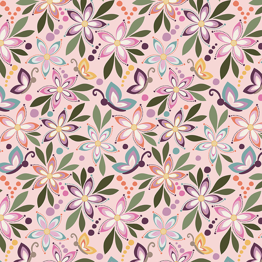 Juju's Petals Floral Pink quilting cotton by Judi Madsen for Riley Blake Designs featuring purple, lilac, teal, and coral flowers, butterflies, and olive green leaves on blush pink.