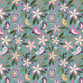Juju's Petals Floral Teal quilting cotton by Judi Madsen for Riley Blake Designs featuring colorful pink, purple, and coral flowers, butterflies, and olive green leaves on teal.