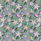 Juju's Petals Floral Teal quilting cotton by Judi Madsen for Riley Blake Designs featuring colorful pink, purple, and coral flowers, butterflies, and olive green leaves on teal.