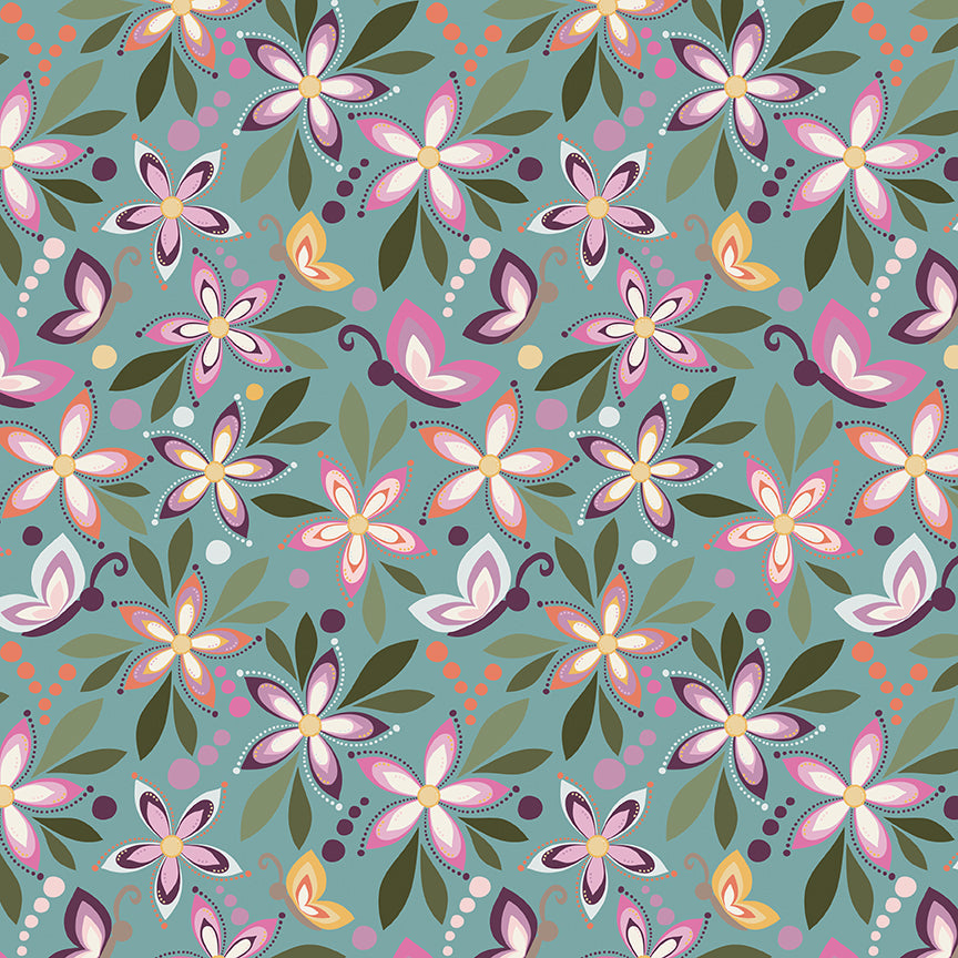 Juju's Petals Floral Teal quilting cotton by Judi Madsen for Riley Blake Designs featuring colorful pink, purple, and coral flowers, butterflies, and olive green leaves on teal.