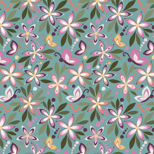 Juju's Petals Floral Teal quilting cotton by Judi Madsen for Riley Blake Designs featuring colorful pink, purple, and coral flowers, butterflies, and olive green leaves on teal.
