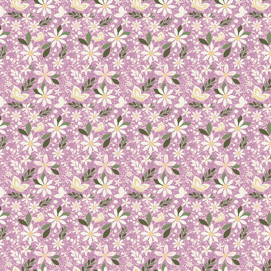 Juju's Petals Dance Lilac quilting cotton by Judi Madsen for Riley Blake Designs featuring cream and pale pink daisies with yellow centers and olive green leaves on lilac.