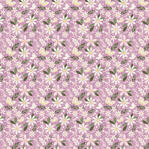 Juju's Petals Dance Lilac quilting cotton by Judi Madsen for Riley Blake Designs featuring cream and pale pink daisies with yellow centers and olive green leaves on lilac.