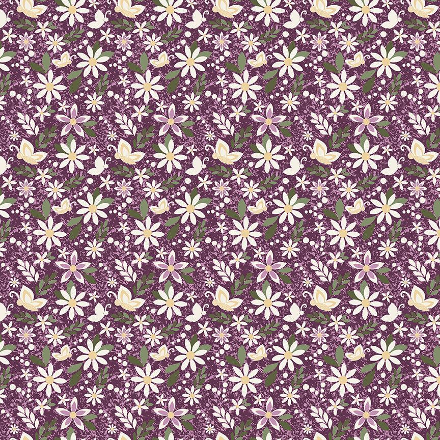 Juju's Petals Dance Purple quilting cotton by Judi Madsen for Riley Blake Designs featuring cream and pink daisies, golden centers, and green leaves on plum purple.