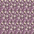 Juju's Petals Dance Purple quilting cotton by Judi Madsen for Riley Blake Designs featuring cream and pink daisies, golden centers, and green leaves on plum purple.