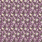 Juju's Petals Dance Purple quilting cotton by Judi Madsen for Riley Blake Designs featuring cream and pink daisies, golden centers, and green leaves on plum purple.