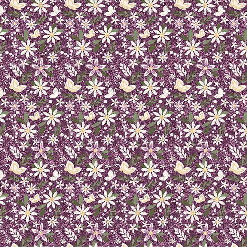 Juju's Petals Dance Purple quilting cotton by Judi Madsen for Riley Blake Designs featuring cream and pink daisies, golden centers, and green leaves on plum purple.