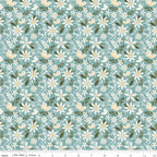 Juju's Petals Dance Teal floral quilting fabric shown with a ruler for scale, featuring cream daisies and green foliage on a teal background.