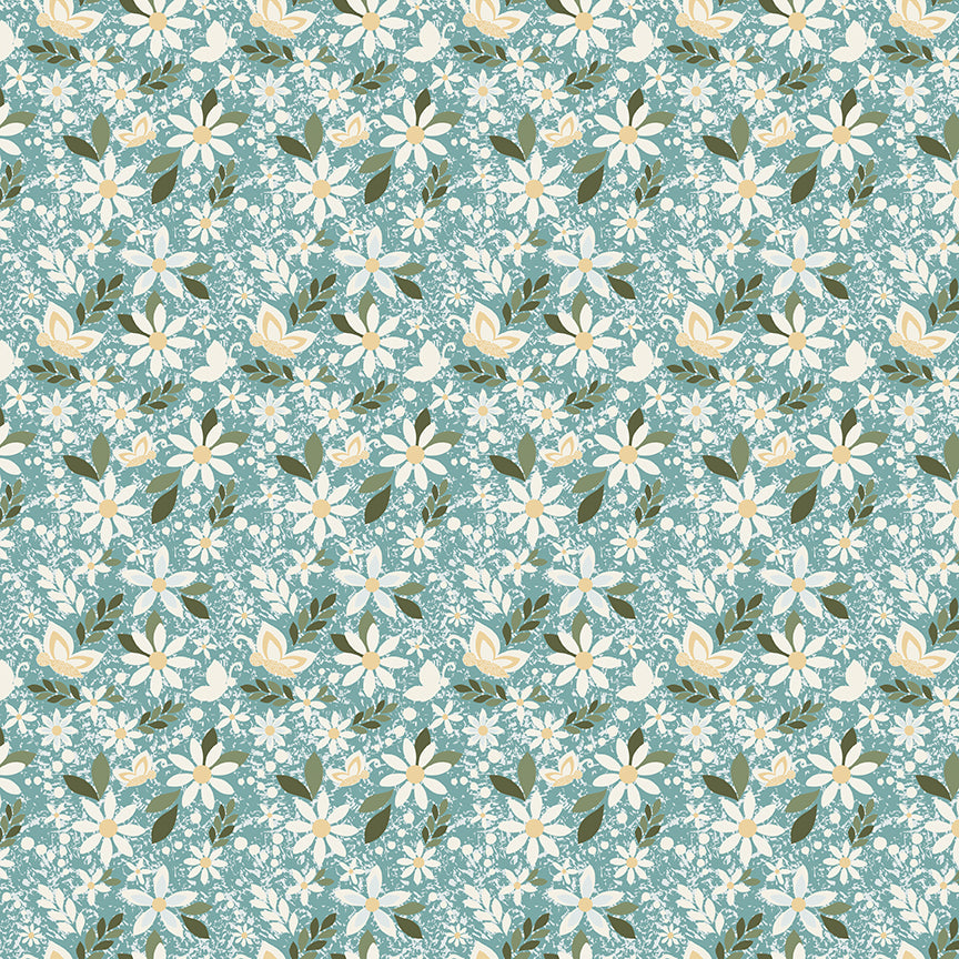 Juju's Petals Dance Teal quilting cotton by Judi Madsen for Riley Blake Designs featuring cream daisies with golden centers, olive green leaves, and delicate flowers on dusty teal.