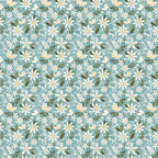 Juju's Petals Dance Teal quilting cotton by Judi Madsen for Riley Blake Designs featuring cream daisies with golden centers, olive green leaves, and delicate flowers on dusty teal.