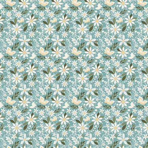 Juju's Petals Dance Teal quilting cotton by Judi Madsen for Riley Blake Designs featuring cream daisies with golden centers, olive green leaves, and delicate flowers on dusty teal.
