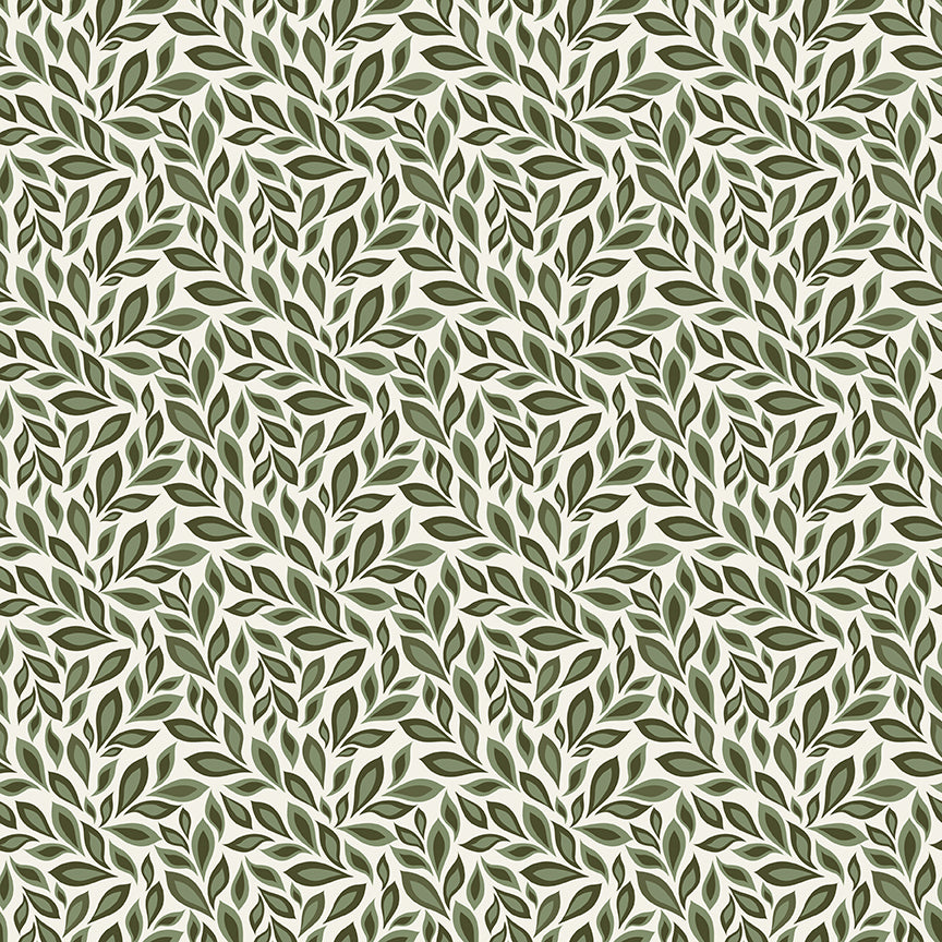 Juju's Petals Leaves Cream quilting cotton by Judi Madsen for Riley Blake Designs featuring olive and sage green leafy vines on a cream background.