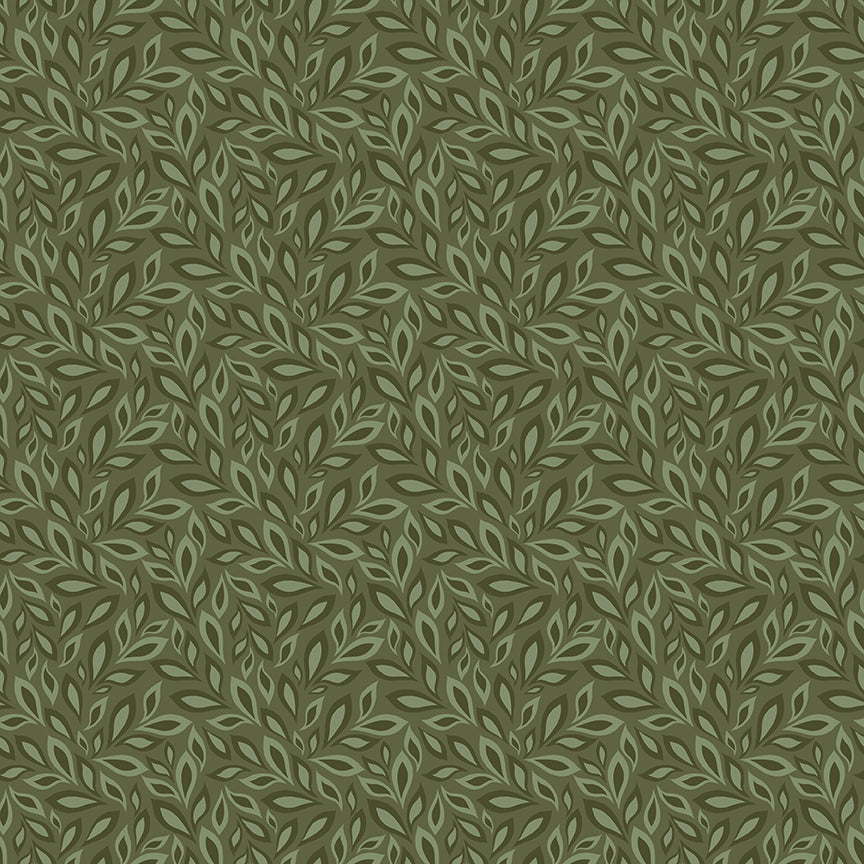 Juju's Petals Leaves Green quilting cotton by Judi Madsen for Riley Blake Designs featuring flowing sage and olive green leafy vines.