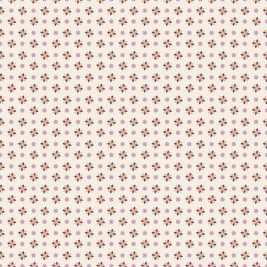 Juju's Petals Calico Cream quilting cotton by Judi Madsen for Riley Blake Designs, featuring small purple, pink, and yellow flowers on a cream background.