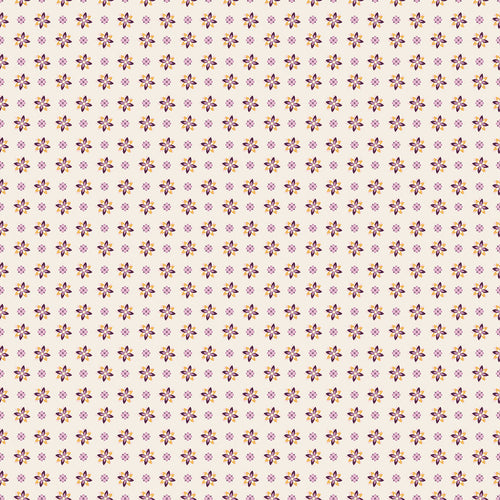 Juju's Petals Calico Cream quilting cotton by Judi Madsen for Riley Blake Designs, featuring small purple, pink, and yellow flowers on a cream background.