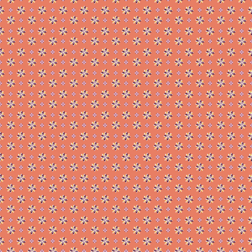 Juju's Petals Calico Orange quilting cotton by Judi Madsen for Riley Blake Designs, featuring small purple, pink, yellow, and cream flowers on coral orange.
