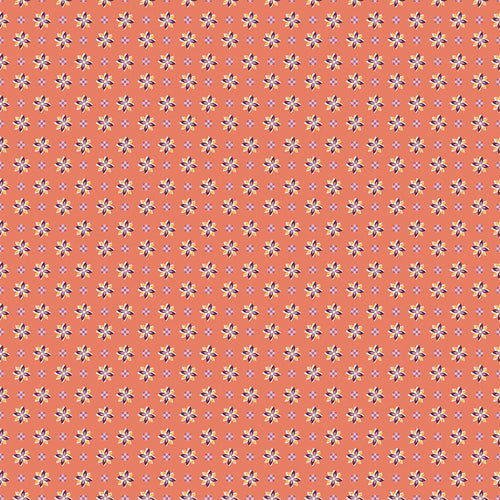 Juju's Petals Calico Orange quilting cotton by Judi Madsen for Riley Blake Designs, featuring small purple, pink, yellow, and cream flowers on coral orange.