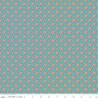 Juju's Petals Calico Teal floral quilting fabric shown with a ruler for scale, featuring rows of colorful small flowers on a teal background.