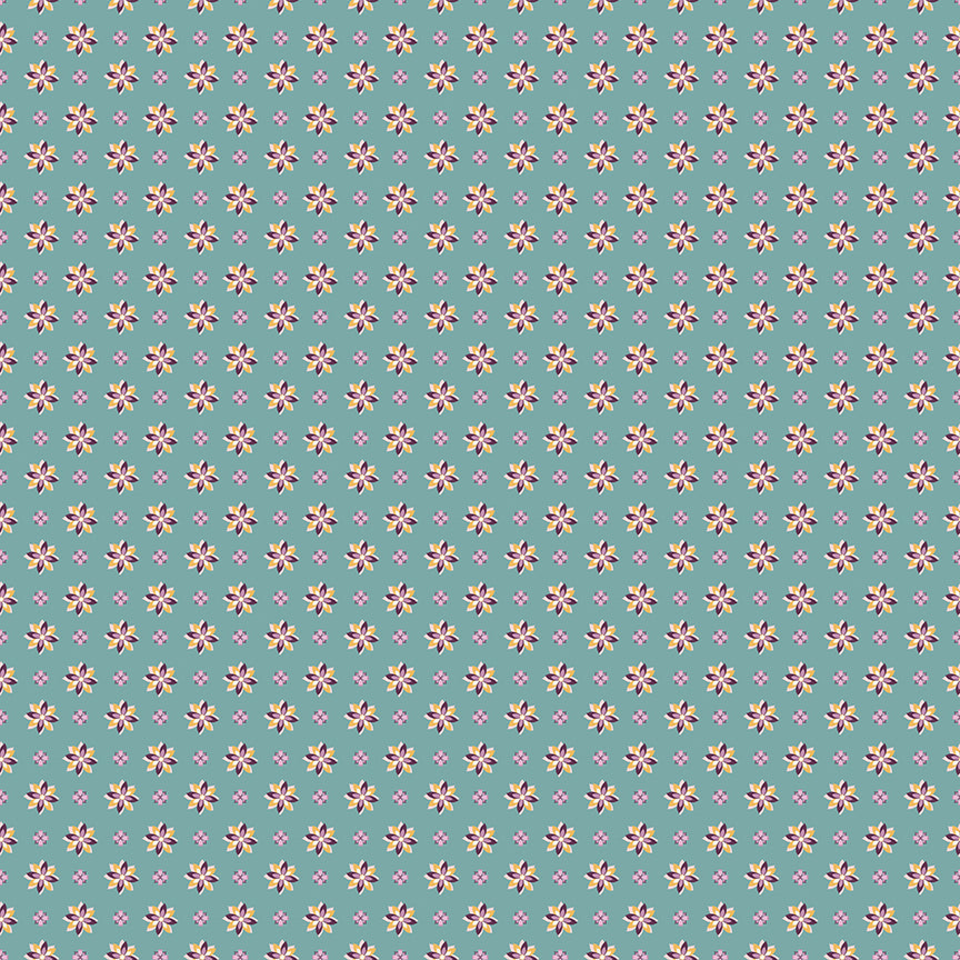 Juju's Petals Calico Teal quilting cotton by Judi Madsen for Riley Blake Designs featuring small pink, purple, yellow, and cream flowers on teal.