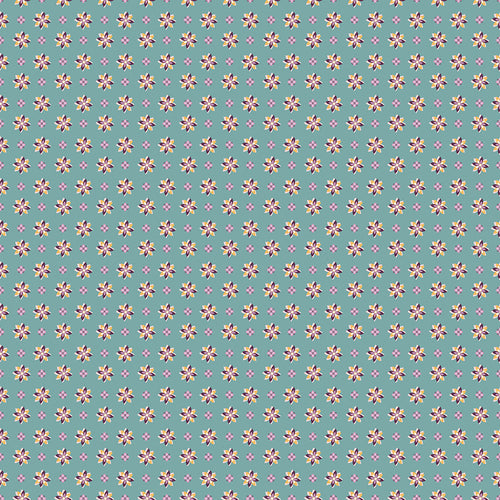 Juju's Petals Calico Teal quilting cotton by Judi Madsen for Riley Blake Designs featuring small pink, purple, yellow, and cream flowers on teal.