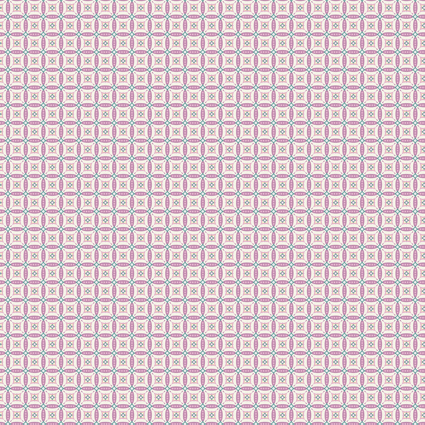 Juju's Petals Mosaic Lilac quilting cotton by Judi Madsen for Riley Blake Designs, featuring soft lilac, pink, mint green, and cream geometric motifs.