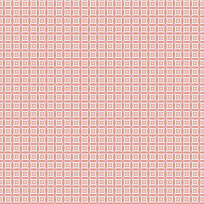 Juju's Petals Mosaic Orange quilting cotton by Judi Madsen for Riley Blake Designs, featuring coral-orange, pink, yellow, and cream geometric motifs.