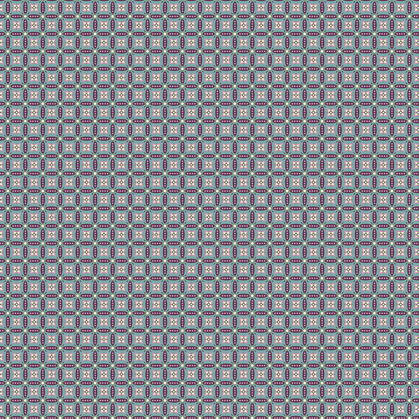 Juju's Petals Mosaic Teal quilting cotton by Judi Madsen for Riley Blake Designs, featuring repeating teal, plum purple, pink, and cream mosaic motifs.