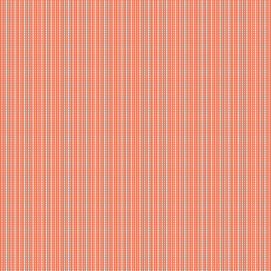Juju's Petals Dotted Stripe Orange quilting cotton by Judi Madsen for Riley Blake Designs, featuring vertical rows of tiny white dots on a coral-orange background.