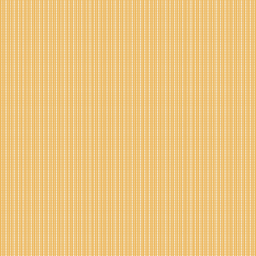 Juju's Petals Dotted Stripe Yellow quilting cotton by Judi Madsen for Riley Blake Designs, featuring vertical rows of tiny white dots and dashes on golden yellow.