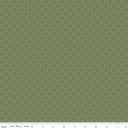 Juju's Petals Lattice Green fabric shown with a ruler for scale, featuring a delicate small-scale dark green lattice pattern on sage green.