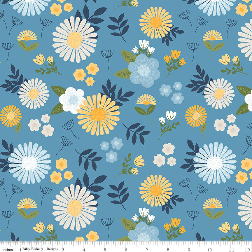 Sunshine & Dandelions Main Blue floral quilting cotton by Traci Reed for Riley Blake Designs shown with ruler for print scale