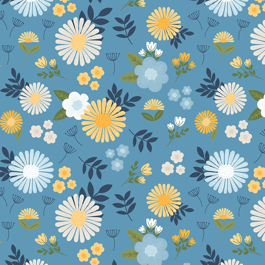 Sunshine & Dandelions Main Blue fabric by Traci Reed featuring blue, yellow and cream flowers with navy and green leaves on a blue background