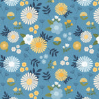 Sunshine & Dandelions Main Blue fabric by Traci Reed featuring blue, yellow and cream flowers with navy and green leaves on a blue background