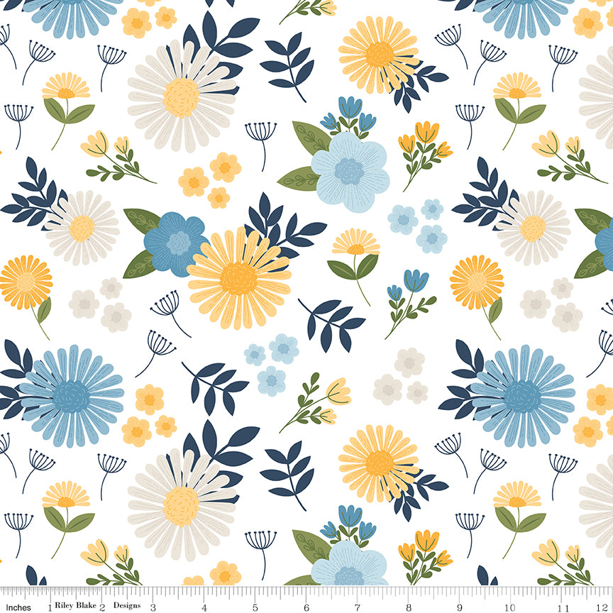 Sunshine & Dandelions Main Cloud floral quilting cotton by Traci Reed for Riley Blake Designs shown with ruler for print scale