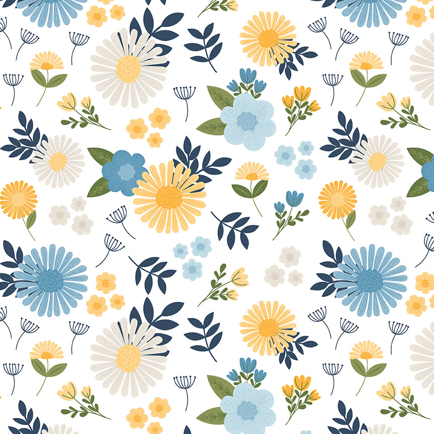 Sunshine & Dandelions Main Cloud fabric by Traci Reed featuring blue, yellow and cream flowers with green and navy leaves on white