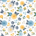 Sunshine & Dandelions Main Cloud fabric by Traci Reed featuring blue, yellow and cream flowers with green and navy leaves on white