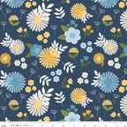 Sunshine & Dandelions Main Navy floral quilting cotton by Traci Reed for Riley Blake Designs shown with ruler for print scale