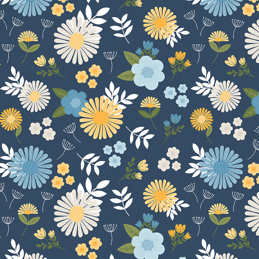 Sunshine & Dandelions Main Navy fabric by Traci Reed featuring blue, yellow and cream flowers with green and white leaves on navy
