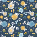 Sunshine & Dandelions Main Navy fabric by Traci Reed featuring blue, yellow and cream flowers with green and white leaves on navy