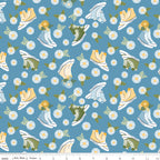 Sunshine & Dandelions Shoes Blue quilting cotton by Traci Reed for Riley Blake Designs shown with ruler for print scale
