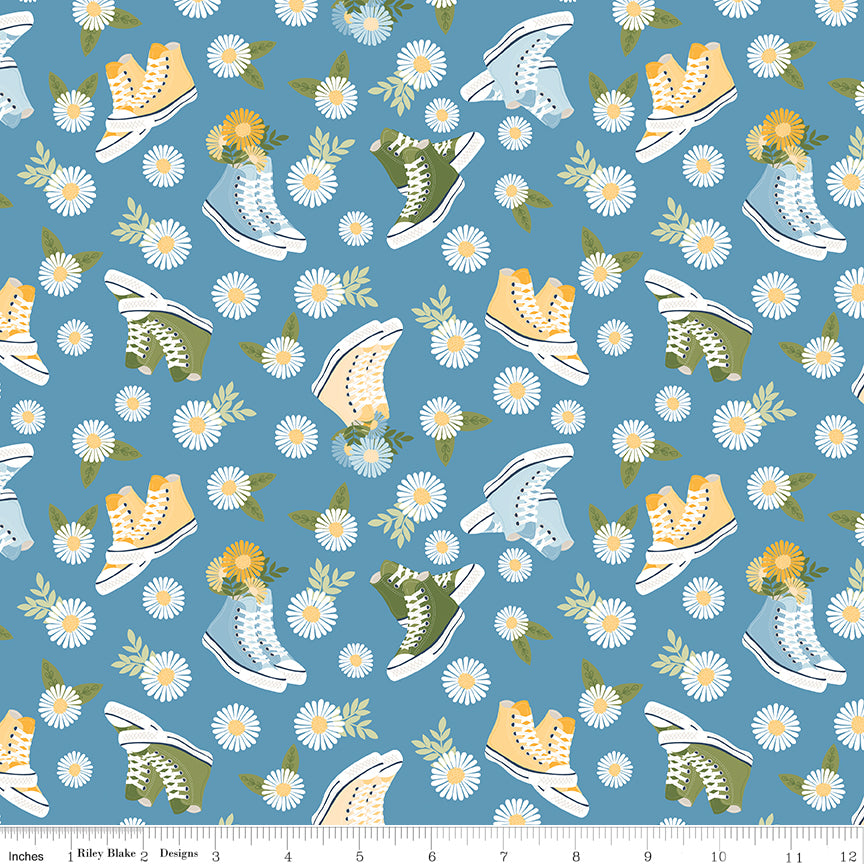 Sunshine & Dandelions Shoes Blue quilting cotton by Traci Reed for Riley Blake Designs shown with ruler for print scale