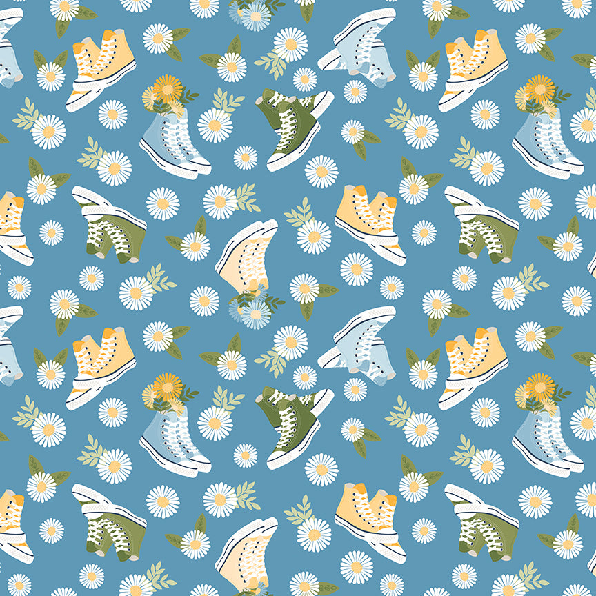 Sunshine & Dandelions Shoes Blue fabric by Traci Reed featuring colorful high-top sneakers, daisies and leaves on a blue background