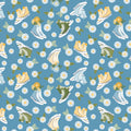 Sunshine & Dandelions Shoes Blue fabric by Traci Reed featuring colorful high-top sneakers, daisies and leaves on a blue background